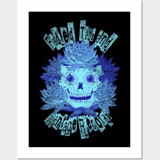 Faded Tats and Vintage Records. Worn/distressed neon blue, retro skull design. Posters and Art